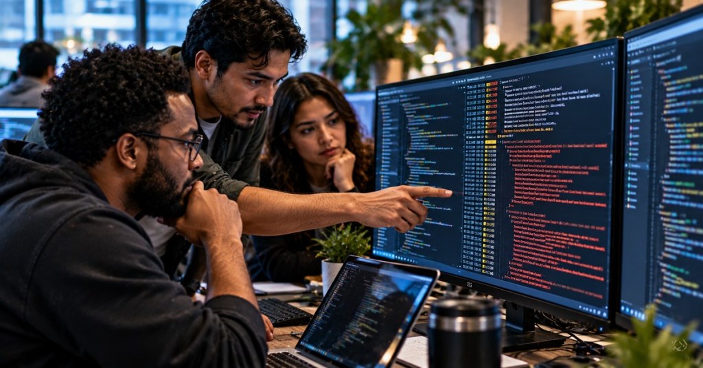 A diverse software engineering team studying Python error logs and tracebacks on multiple monitors.