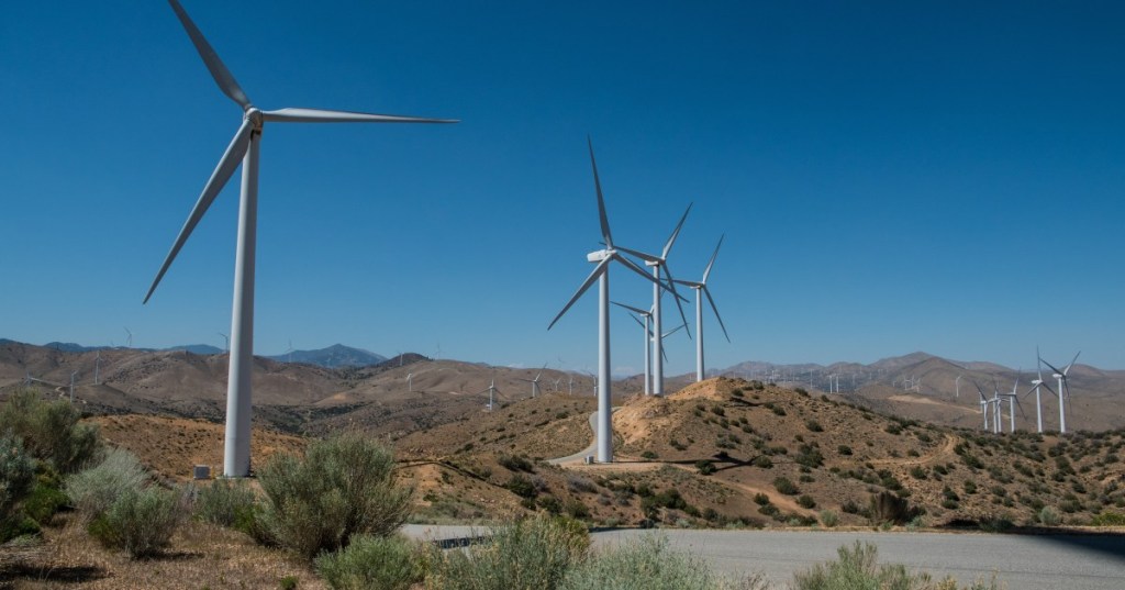 Wind turbines at the Pine Tree Wind and Solar Farm in California's Mojave Desert.