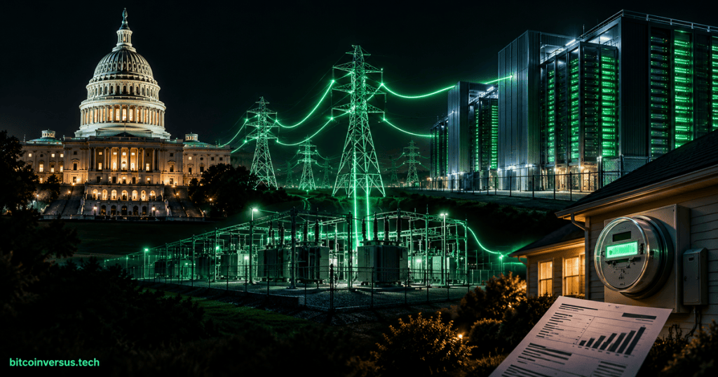 U.S. Capitol, power grid, data center and household electric meter connected by neon-green power lines