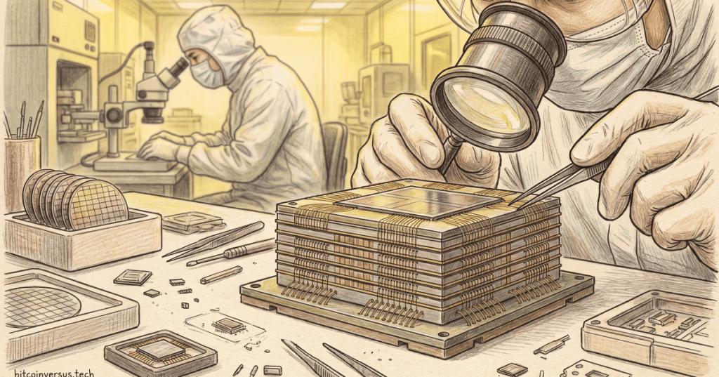 Colored-pencil illustration of an advanced high-bandwidth memory package being inspected on a semiconductor cleanroom workbench.