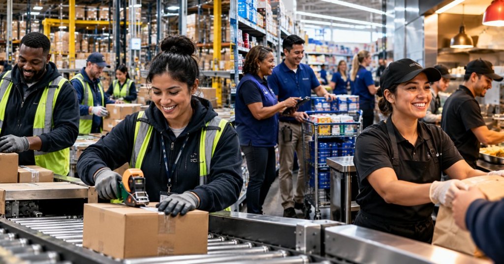 Diverse employees working across warehouse, retail, and restaurant settings, illustrating September workforce growth at major U.S. companies.