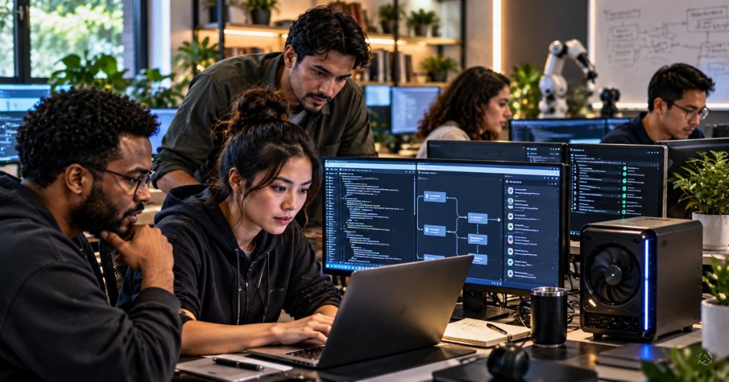 A diverse engineering team working at local AI development workstations, illustrating a small decision model used for agent routing, tool selection, and guardrails.