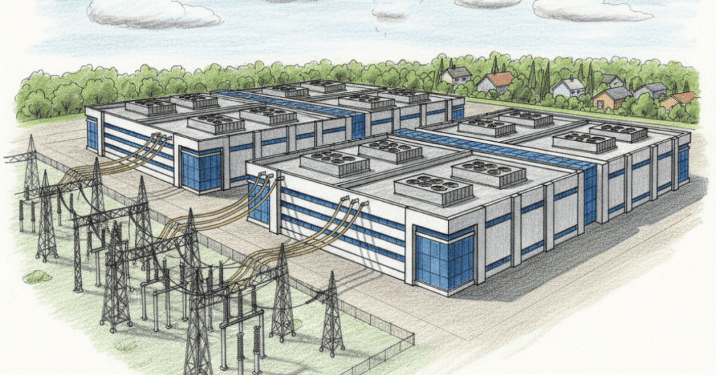 Colored-pencil illustration of a large data center campus beside a substation and transmission lines.