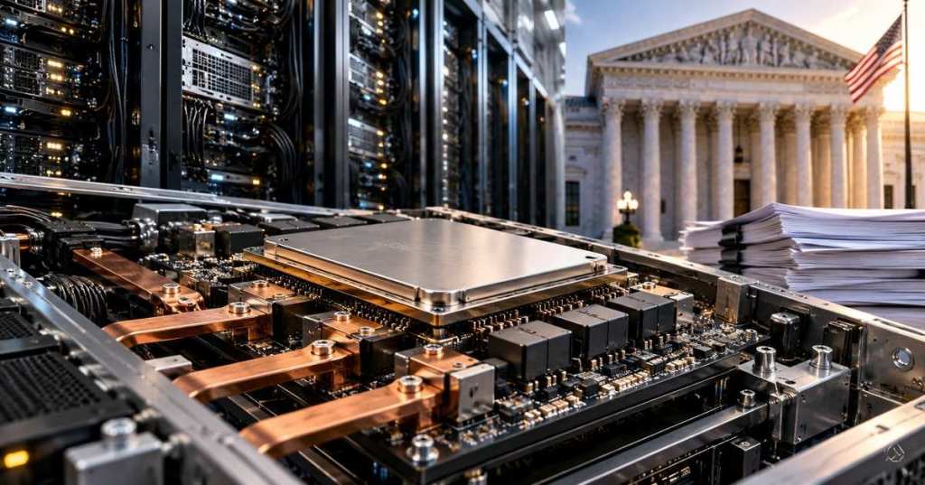 AI server accelerator board and power-delivery hardware in front of a U.S. courthouse, illustrating the Vicor vertical power delivery patent investigation.