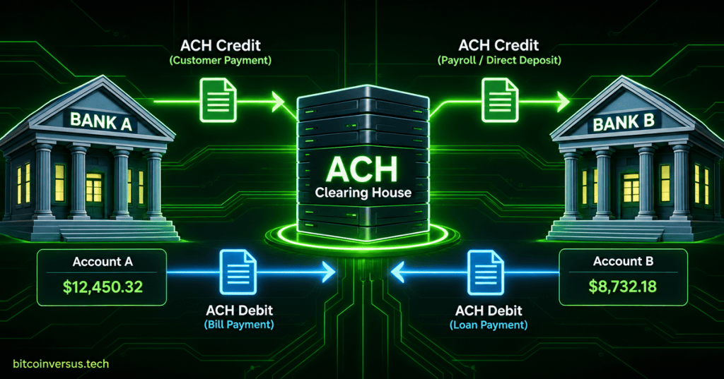 Neon technical illustration of two banks exchanging ACH credit and debit payment files through a central clearing system.