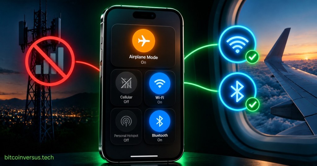Smartphone with Airplane Mode turned on beside an airplane window.