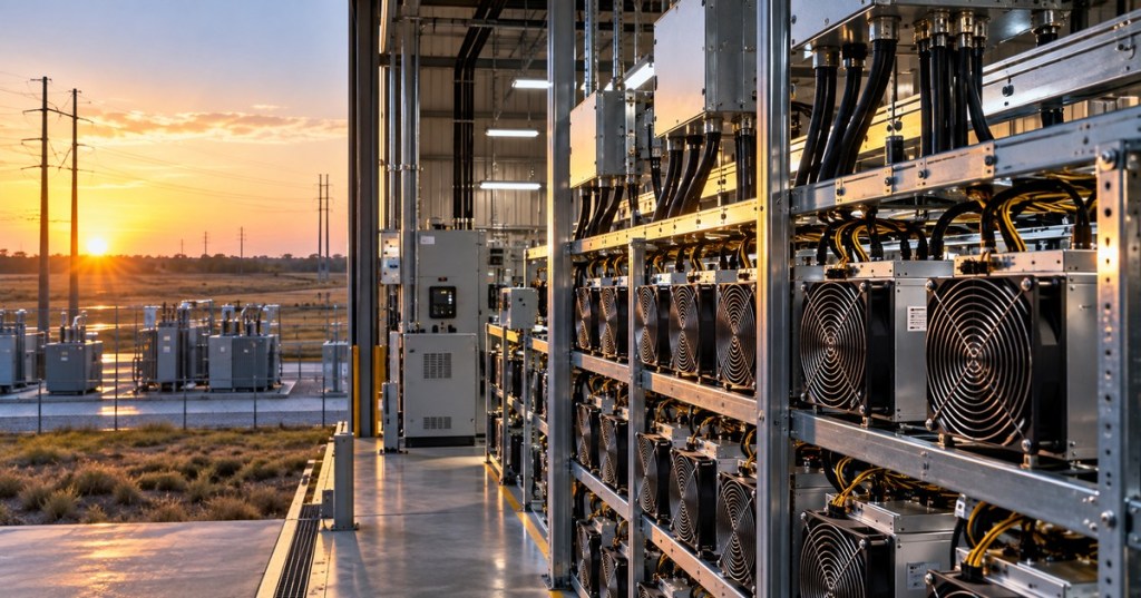 Editorial image of a Texas Bitcoin mining facility with ASIC miners, switchgear, transformers and utility infrastructure at sunrise