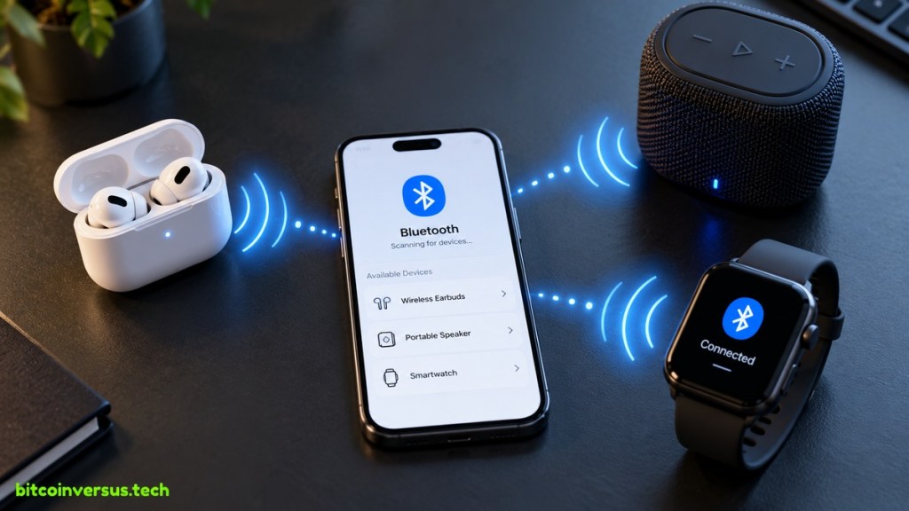 Phone scanning for nearby Bluetooth earbuds, speaker, and smartwatch.