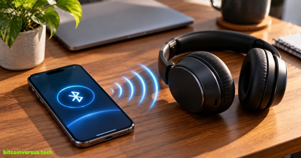 Smartphone connecting wirelessly to over-ear headphones with a glowing Bluetooth signal.