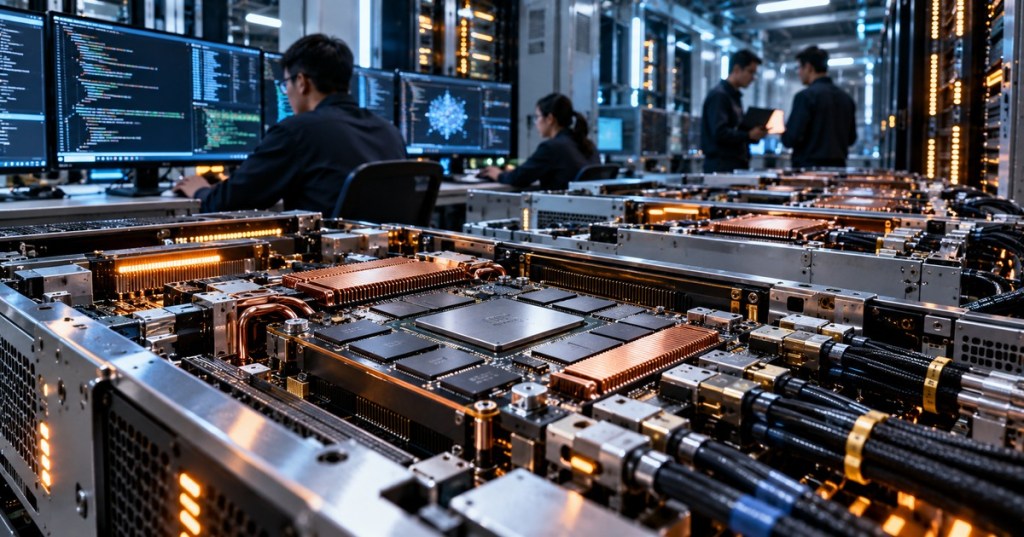 Editorial image of engineers reviewing code on multiple monitors beside high-performance AI compute hardware in a modern development lab