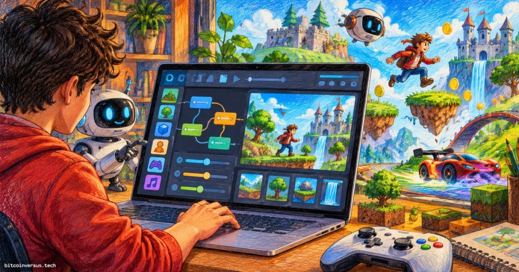 Colored-pencil illustration of a no-code game creator on a laptop building a colorful platform game