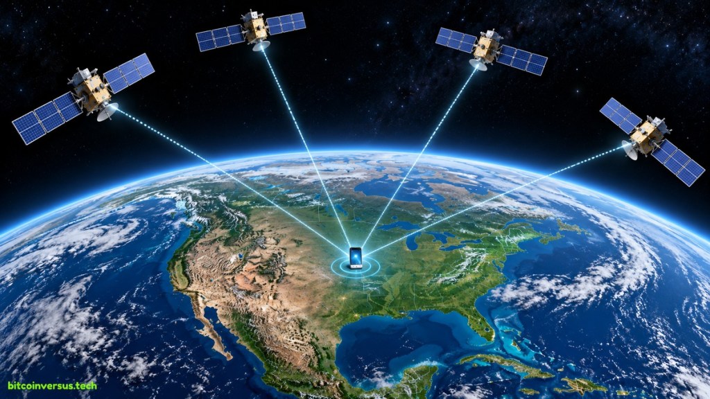 Four GPS satellites sending timing signals toward a receiver on Earth.