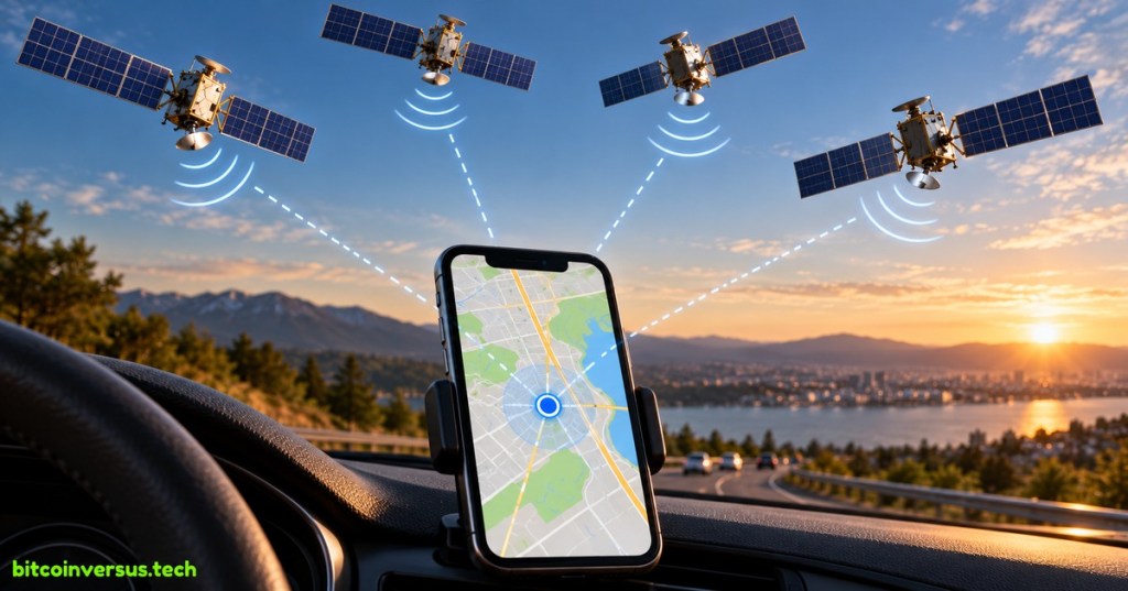 Smartphone navigation screen receiving signals from GPS satellites while driving at sunset.