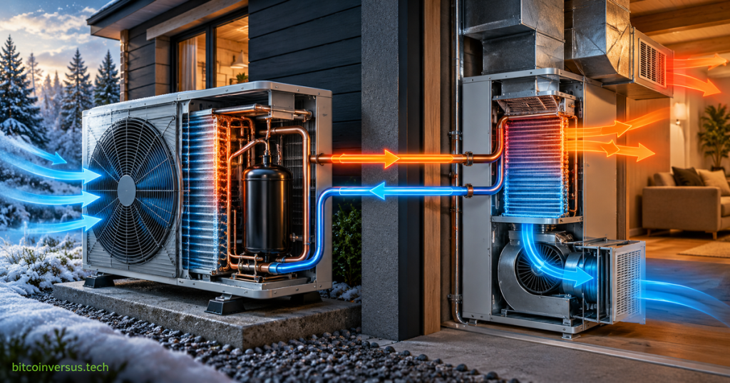 Cutaway illustration of an air-source heat pump moving heat from snowy outdoor air into a warm home through refrigerant lines and an indoor air handler.