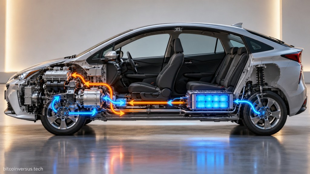Cutaway hybrid car showing the gasoline engine, electric motor, battery pack, and energy flow.