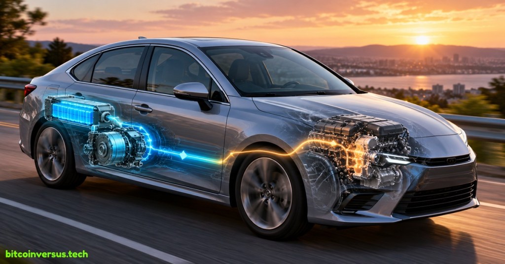 Hybrid car driving at sunset with a transparent view of its gasoline engine, battery, and electric motor.