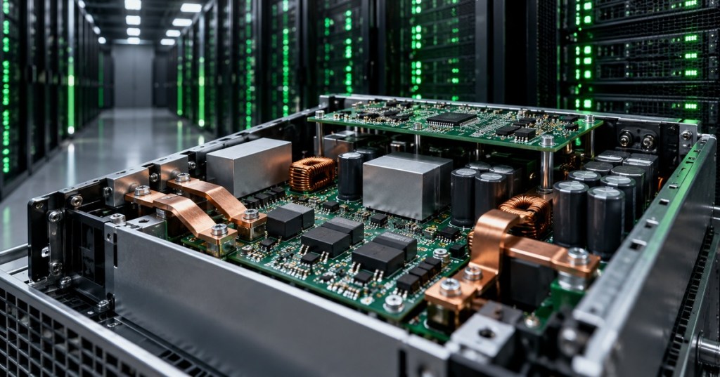 Editorial technical image of a high-voltage AI data center power-conversion module with exposed circuit boards, copper bus bars and server racks in the background