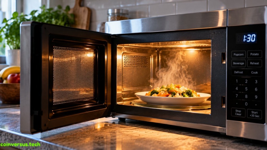 Open microwave oven heating a steaming plate of food in a kitchen.