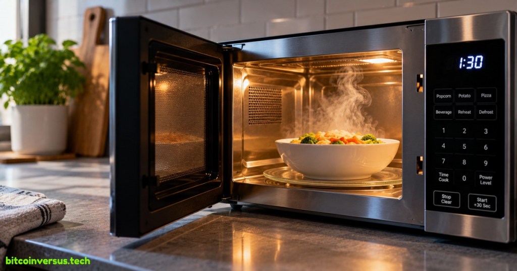Open stainless-steel microwave oven heating a bowl of food on a kitchen counter.
