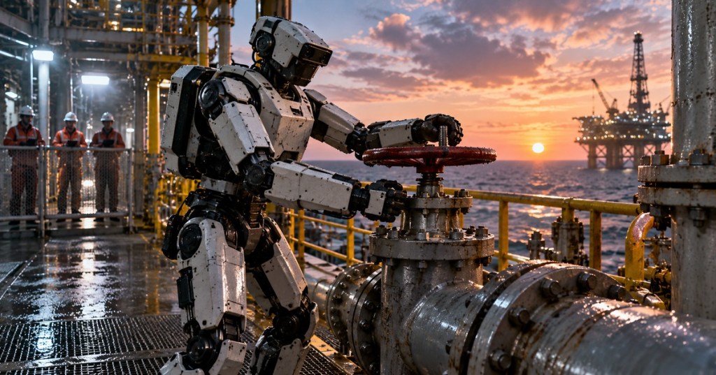 Editorial depiction of a rugged humanoid robot operating an industrial valve on an offshore energy platform while workers remain behind a safety barrier