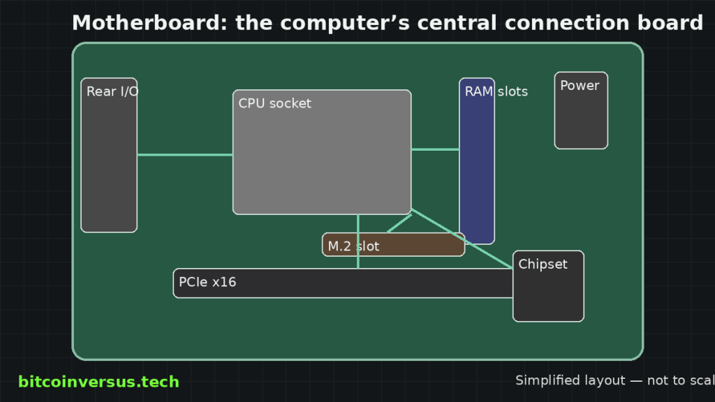 Simplified motherboard diagram labeling the CPU socket, RAM slots, PCIe slot, M.2 slot, chipset, power connectors, and rear I/O.
