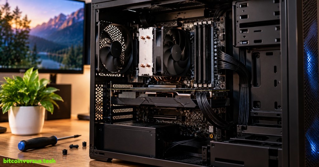 Open desktop computer showing the motherboard, CPU cooler, RAM, graphics card, power supply, and internal connections.