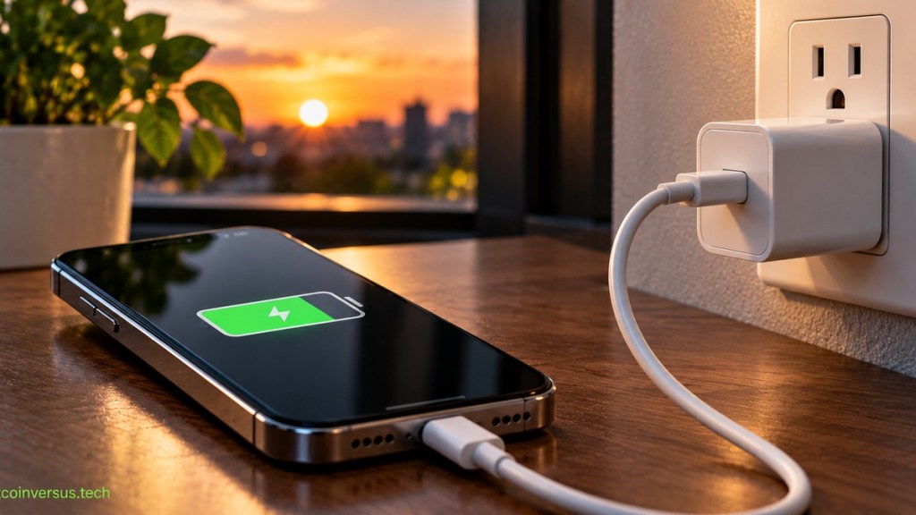 Smartphone charging by USB cable from a wall power adapter at sunset.