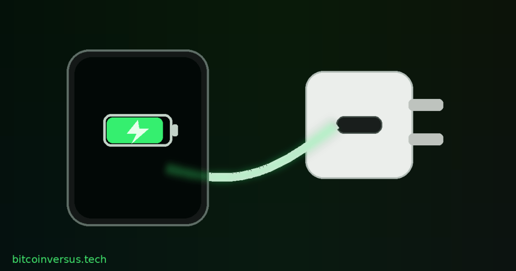 Simple illustration of a smartphone connected by cable to a wall charger, with a green battery icon.