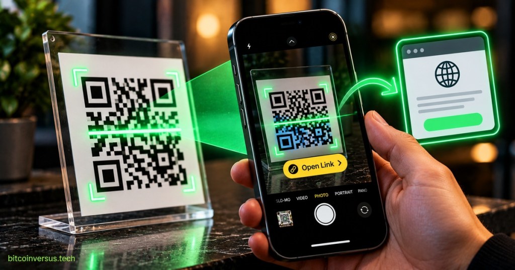 Smartphone camera scanning a black-and-white QR code and opening a web link.