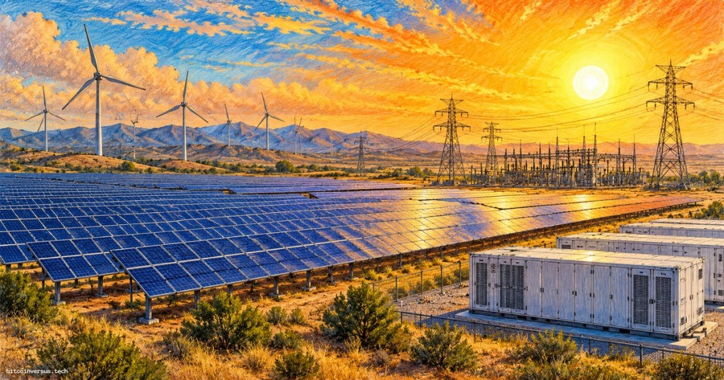 Colored-pencil illustration of solar panels, wind turbines, battery storage and transmission infrastructure at sunset