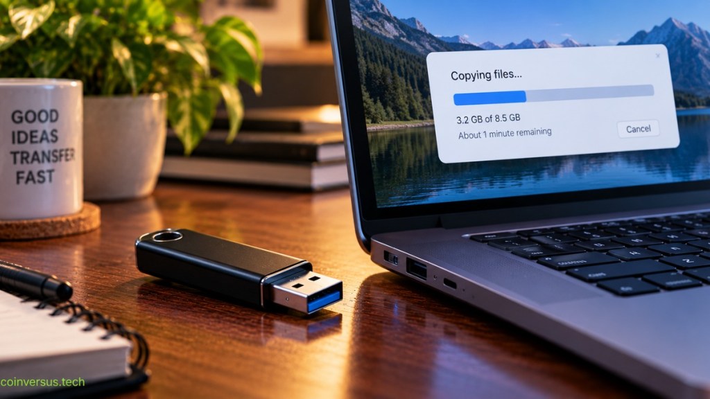USB flash drive beside a laptop while files are copying.