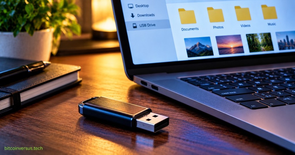 USB flash drive beside a laptop showing files being transferred.