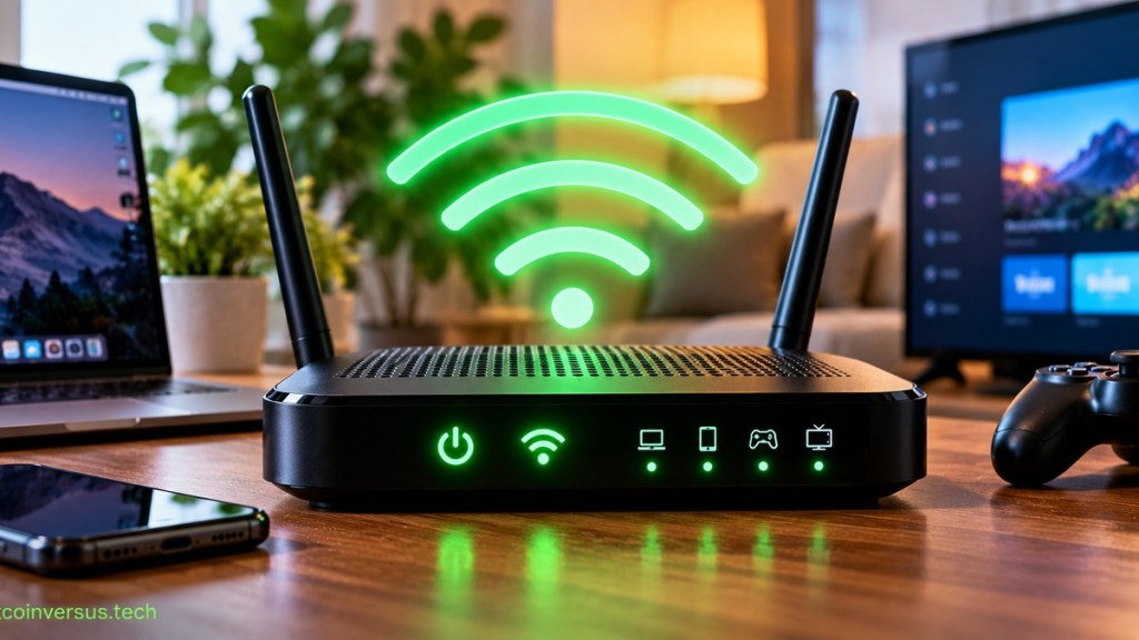Home Wi-Fi router connecting nearby devices including a laptop, phone, television, and game controller.