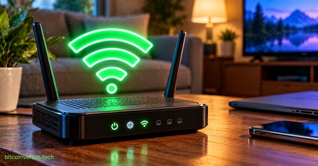 Black Wi-Fi router on a living room table with a glowing wireless signal symbol.
