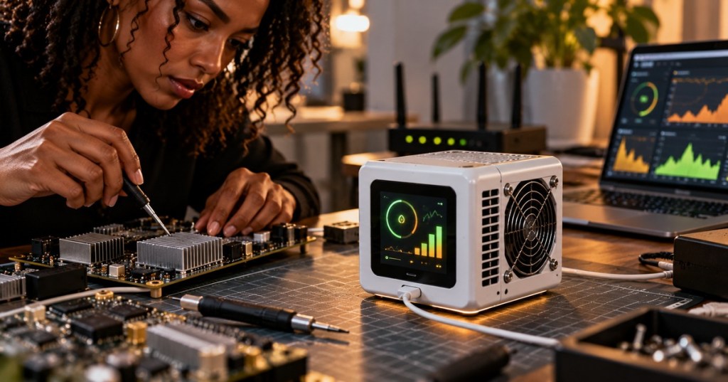 Original editorial concept photograph of a woman inspecting an ASIC circuit board beside a compact desktop Bitcoin miner with touchscreen on a workbench. Not a photograph of the actual Bitcube product.