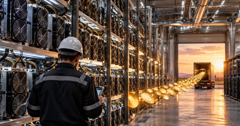 Bitcoin mining facility with rows of ASIC miners and a visual metaphor for freshly mined bitcoin being sold