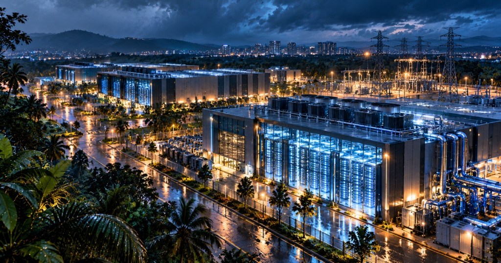 Photorealistic nighttime aerial view of a tropical AI data center campus with liquid cooling and a high-voltage substation