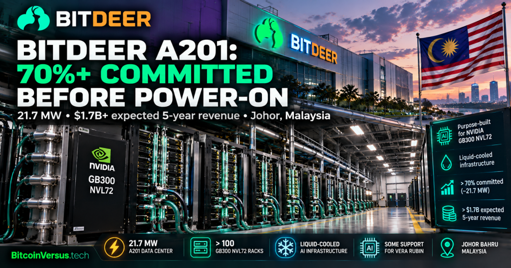 Bitdeer A201 data center in Johor Bahru, Malaysia, showing 21.7 MW capacity, more than 70 percent customer commitments, liquid-cooled NVIDIA GB300 NVL72 infrastructure and Malaysian flag
