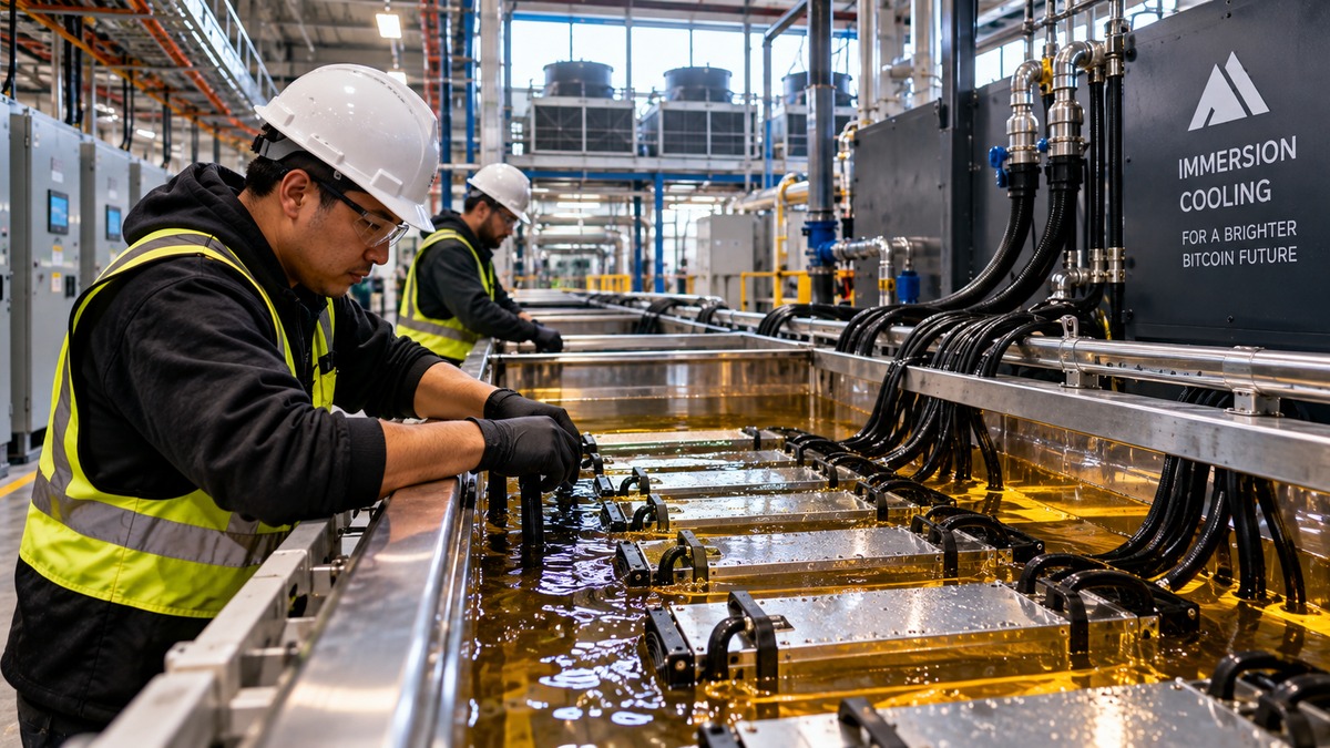 Technicians servicing immersion-cooled Bitcoin mining equipment inside an industrial data center.