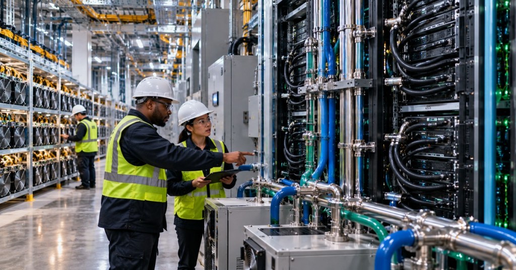 Bitcoin-mining and liquid-cooled AI infrastructure shown together as Bitdeer expands its Malaysia data-center footprint.
