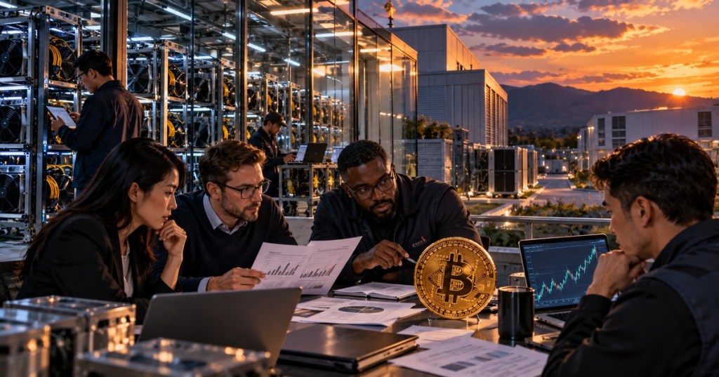 Photorealistic editorial scene of Bitcoin mining hardware and finance professionals reviewing capital-allocation data at a modern mining campus.