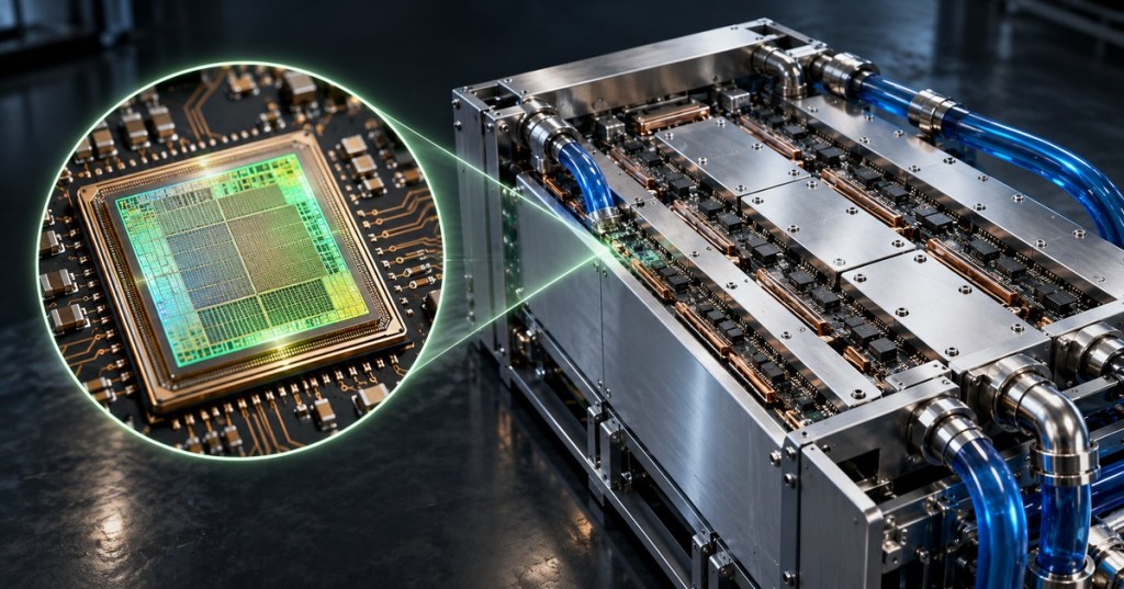 Illustration of Bitcoin mining ASIC silicon alongside an industrial hydro-cooled hashboard, emphasizing the difference between chip-level and complete miner efficiency.
