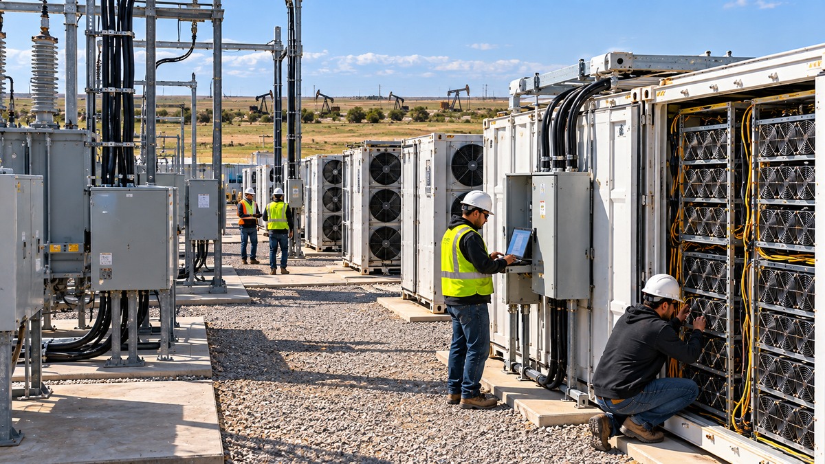 Technicians inspect containerized Bitcoin mining racks, power equipment and electrical infrastructure at a large industrial site.