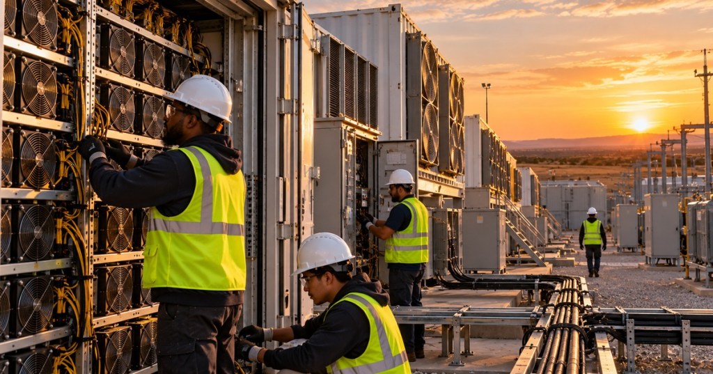 Bitcoin mining technicians maintain containerized ASIC infrastructure at an Oklahoma-style industrial mining site under new regulatory operating restrictions.