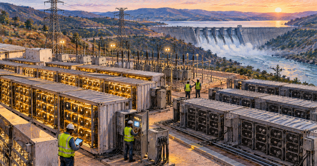 Colored-pencil illustration of a hydroelectric dam feeding a Bitcoin mining facility in Ethiopia, with containerized miners, substations and grid infrastructure.