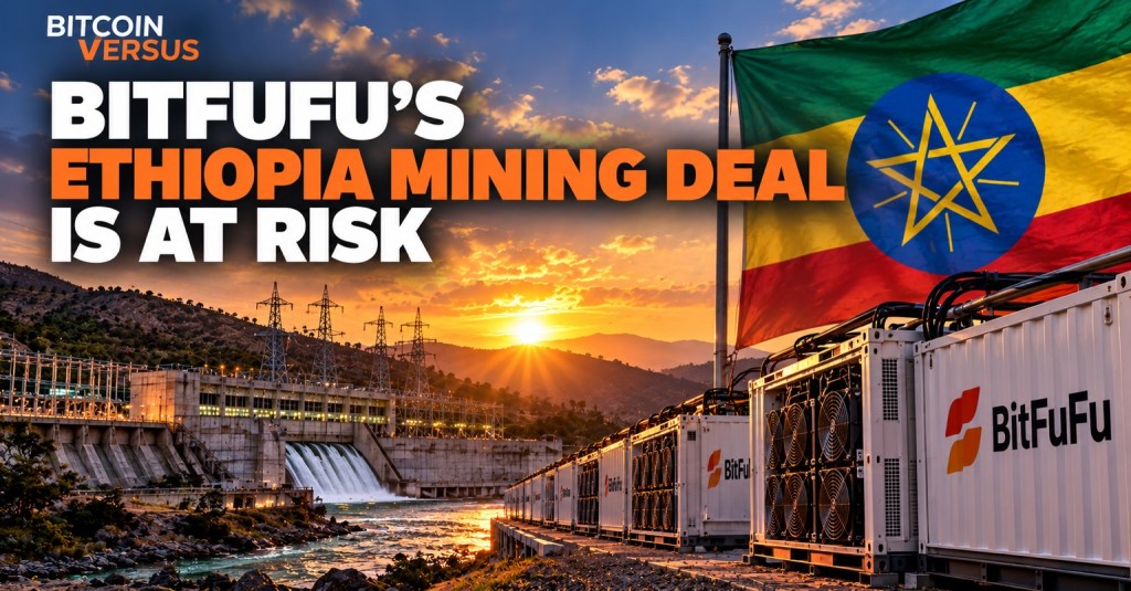 BitFuFu Bitcoin mining containers beside Ethiopian hydroelectric infrastructure at sunset.