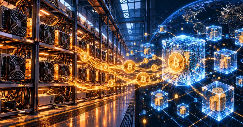 Editorial illustration of a Bitcoin mining facility feeding BTC-denominated returns into an on-chain token network.