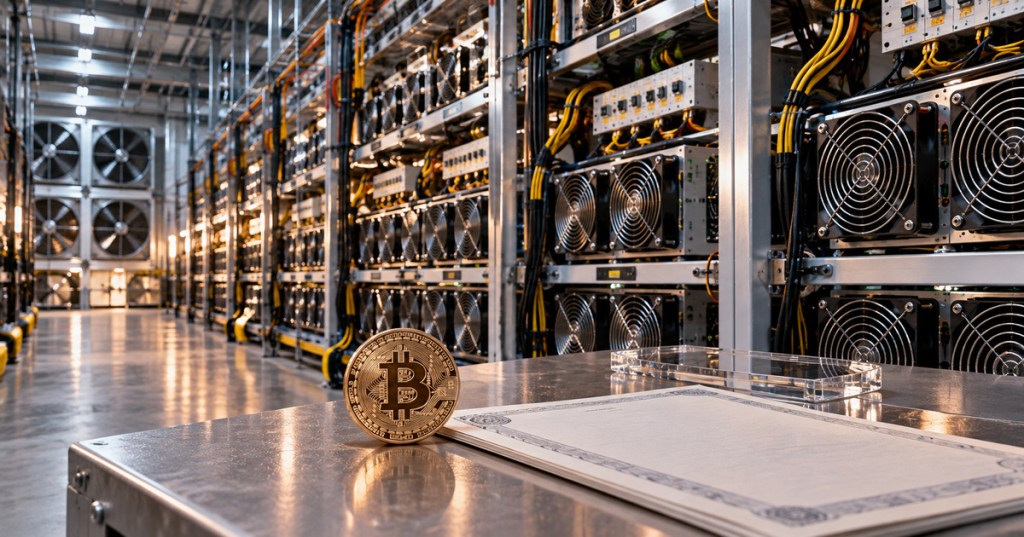 Realistic editorial image of a Bitcoin mining facility with ASIC miners and a metallic Bitcoin coin beside a blank security-style certificate.