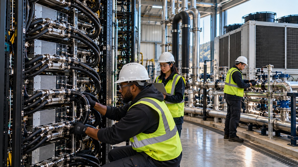 Technicians inspecting liquid-cooling hoses, pumps, valves and rack-mounted mining hardware in a high-density compute facility.