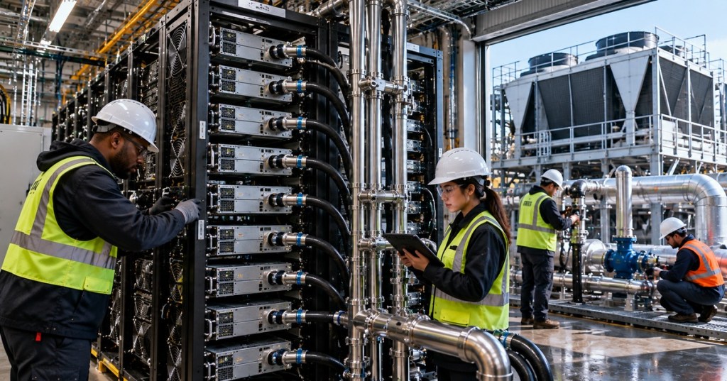 Technicians servicing a rack-scale liquid-cooling system for high-density Bitcoin mining equipment.